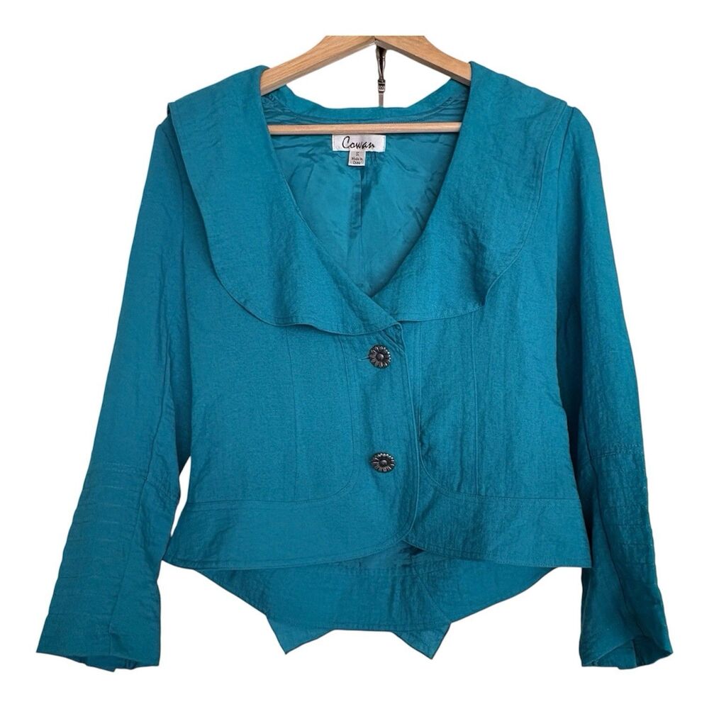 Cowan Women Rayon Acetate Shimmer Teal Cropped Jacket Portrait Collar S